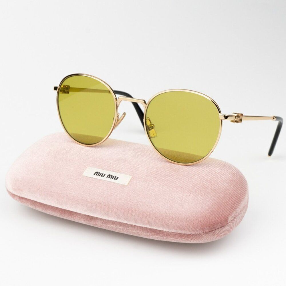 New Miu Miu Mu55zs 5ak07o Gold Olive Green Round Unisex Sunglasses 0mu 55zs